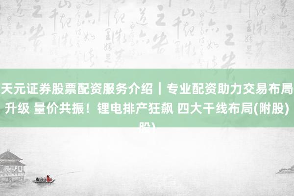 天元证券股票配资服务介绍｜专业配资助力交易布局升级 量价共振！锂电排产狂飙 四大干线布局(附股)